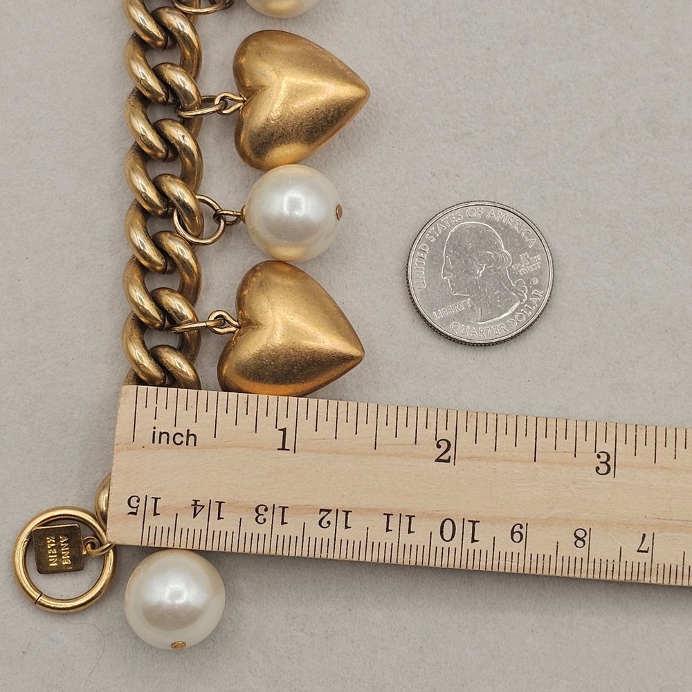 Anne Klein Puffy Heart Charm Bracelet Faux Pearl Chunky Gold Tone Chain 6.5in. - Picture 10 of 13